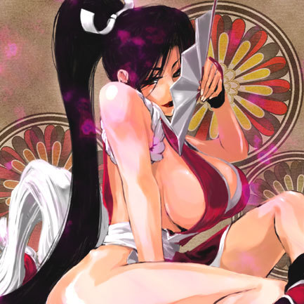 black_hair breasts cleavage fan fatal_fury fingerless_gloves folding_fan gloves japanese_clothes large_breasts lipstick lowres makeup ponytail shiranui_mai side_slit sideboob solo the_king_of_fighters tom_(leciel2010)