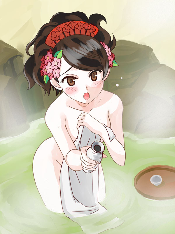 alcohol bottle brown_eyes brown_hair choko_(cup) comb covering cup flower hair_flower hair_ornament momohime nude nude_cover oboro_muramasa onsen open_mouth sake solo standing steam tokino tokkuri towel tray wading water