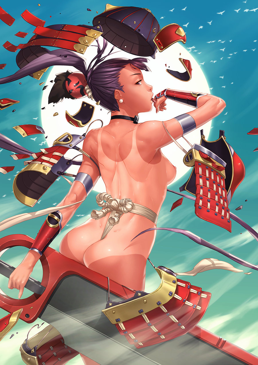 armlet armor ass back bird bracer breasts copyright_request dcwj dimples_of_venus earrings from_behind fundoshi helmet highres japanese_armor japanese_clothes jewelry kote kusazuri licking looking_at_viewer nipples one-piece_tan profile purple_hair shikoro shoulder_armor small_breasts sode solo sword tan tanline topless wardrobe_malfunction weapon