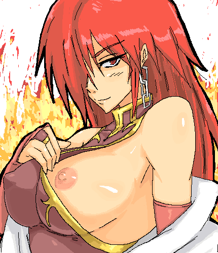 69_(tranquilo) bad_id bad_pixiv_id blush breasts chain copyright_request covered_nipples fire hair_over_one_eye large_breasts long_hair lowres nipples no_bra one_breast_out red_eyes red_hair solo