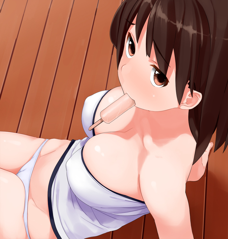 arm_support bare_shoulders breasts brown_eyes brown_hair cameltoe cleavage covered_nipples food from_above kaisen_chuui large_breasts leaning_back looking_at_viewer lowleg lowleg_panties mouth_hold original panties popsicle sitting solo strapless tubetop underwear wooden_floor