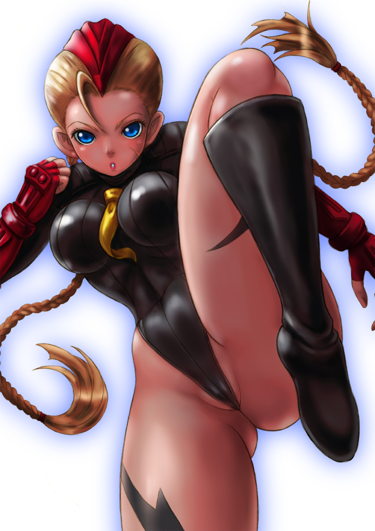 blonde_hair blue_eyes boken_fantasy boots braid cammy_white fingerless_gloves garrison_cap gloves hat leg_up legs leotard long_hair long_legs partially_visible_vulva scar solo street_fighter street_fighter_zero_(series) thighs twin_braids