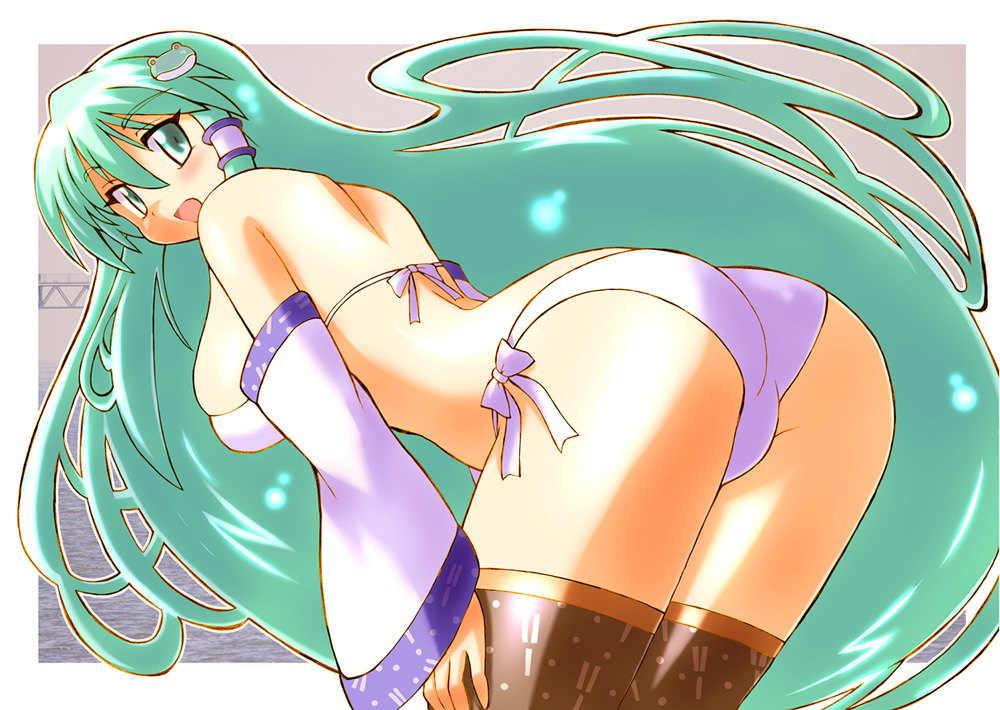 ass bikini detached_sleeves from_behind gomamiso_(gomamiso_sp) green_eyes green_hair kochiya_sanae long_hair looking_back side-tie_bikini solo swimsuit thighhighs touhou very_long_hair