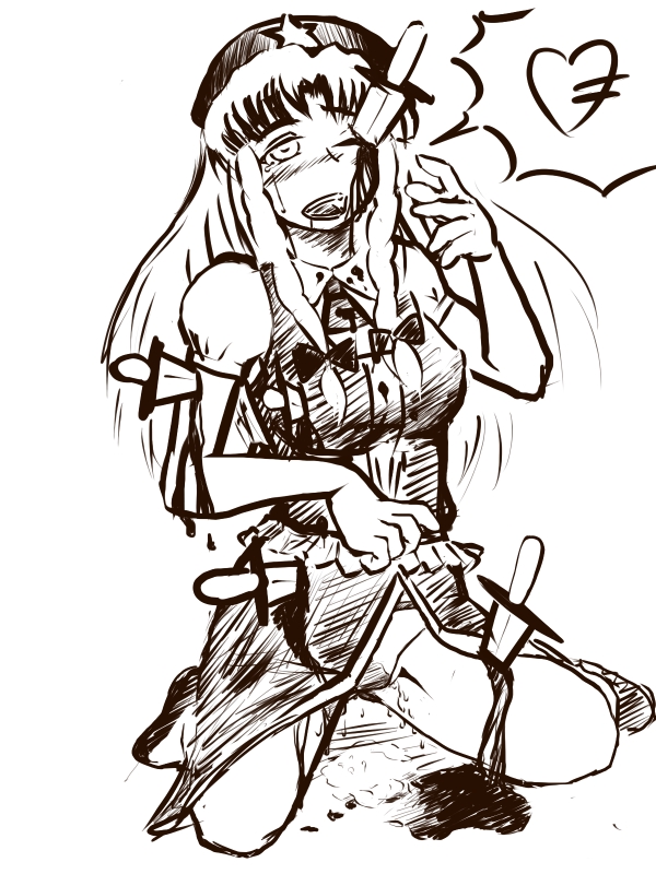 bad_id bad_pixiv_id blood bow china_dress chinese_clothes dress greyscale guro hair_bow hat heart hong_meiling knife long_hair monochrome pee peeing roppa touhou