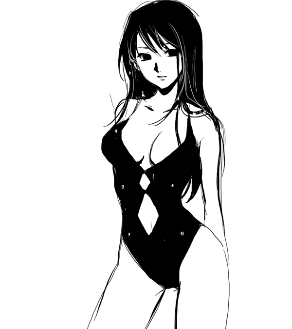 breasts casual_one-piece_swimsuit cleavage greyscale large_breasts monochrome one-piece_swimsuit original sinko solo swimsuit
