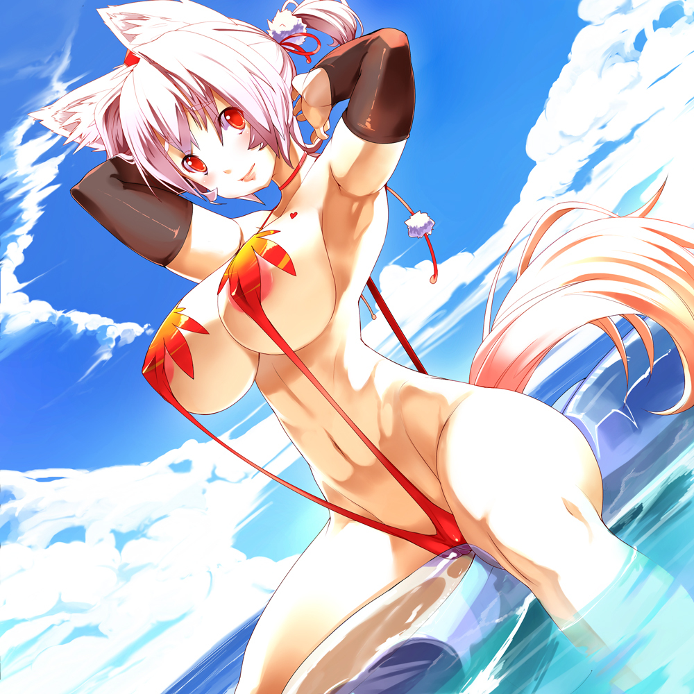 animal_ears areolae armpits arms_up bikini blush breasts cloud covered_nipples day hair_ribbon inubashiri_momiji karochii large_breasts md5_mismatch navel ponytail red_eyes ribbon short_hair silver_hair sitting smile solo string_bikini swimsuit tail touhou water wet wolf_ears wolf_tail