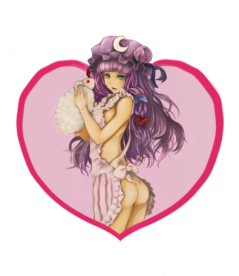 apron ass bad_id bad_pixiv_id green_eyes hat heart naked_apron patchouli_knowledge purple_hair solo touhou youmak