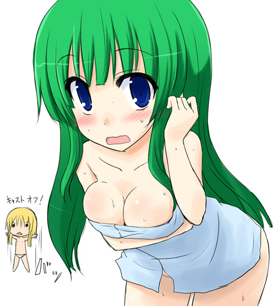 blue_eyes blush breasts green_hair kazami_ruku kochiya_sanae leaning_forward long_hair medium_breasts moriya_suwako multiple_girls naked_towel touhou towel wavy_mouth