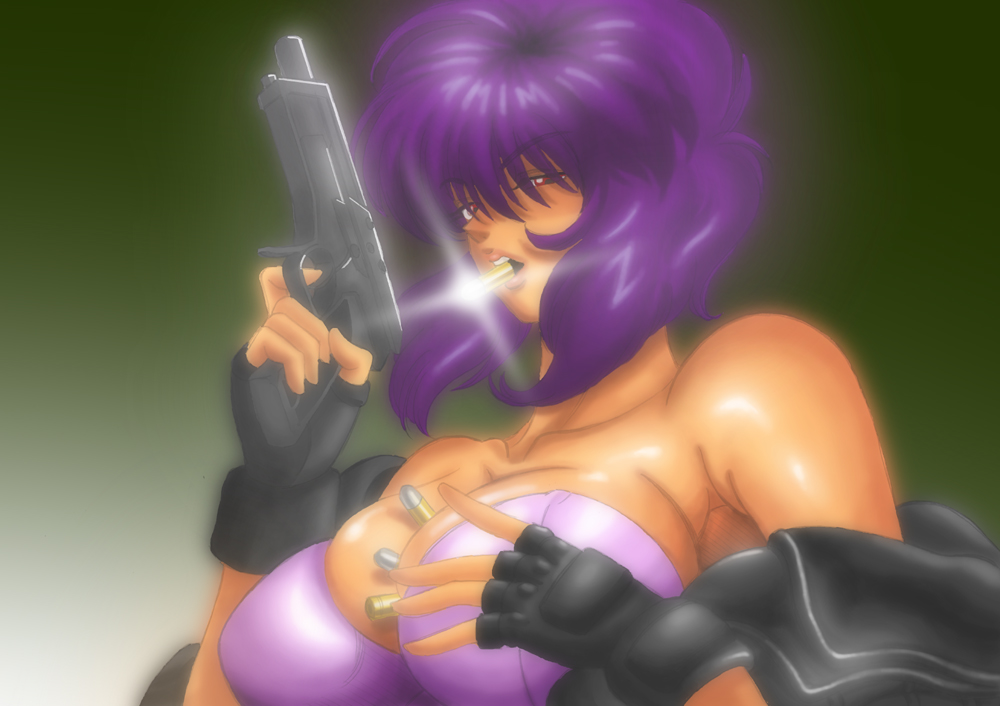 bare_shoulders between_breasts breasts bullet cleavage fingerless_gloves ghost_(mausuman34) ghost_in_the_shell gloves gun handgun kusanagi_motoko large_breasts mouth_hold pistol purple_hair red_eyes solo sparkle weapon
