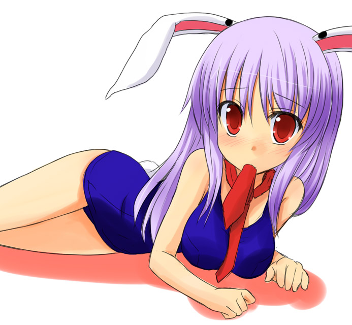 animal_ears between_breasts blush breasts bunny_ears bunny_tail kazami_ruku lavender_hair lying mouth_hold necktie on_side one-piece_swimsuit red_eyes red_neckwear reisen_udongein_inaba school_swimsuit solo swimsuit tail touhou