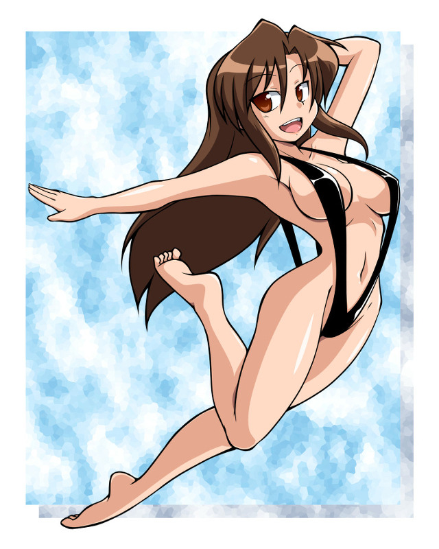 bad_id bad_pixiv_id barefoot breasts brown_eyes brown_hair chiki_(chikibw) long_hair original slingshot_swimsuit solo swimsuit