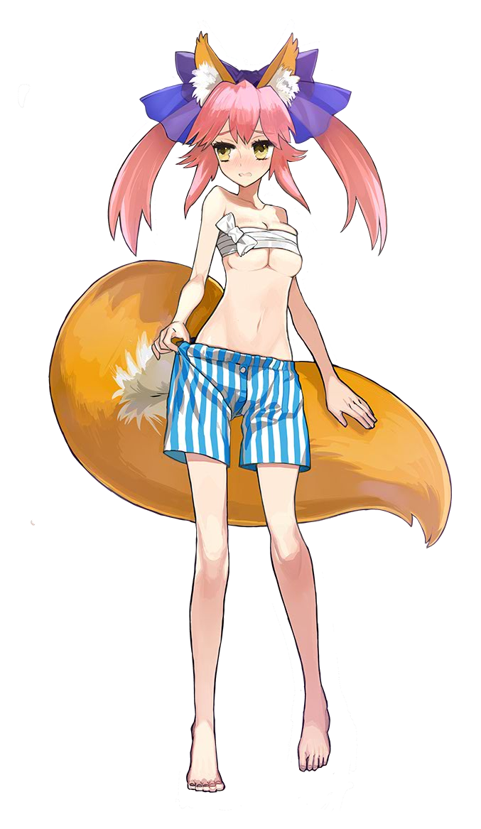 animal_ears bandages barefoot blush breast_squeeze breasts cleavage fate/extra fate_(series) fox_ears fox_tail full_body hair_ribbon legs medium_breasts navel official_art pink_hair ribbon sarashi shorts solo standing tail tamamo_(fate)_(all) tamamo_no_mae_(fate) transparent_background twintails wada_aruko yellow_eyes