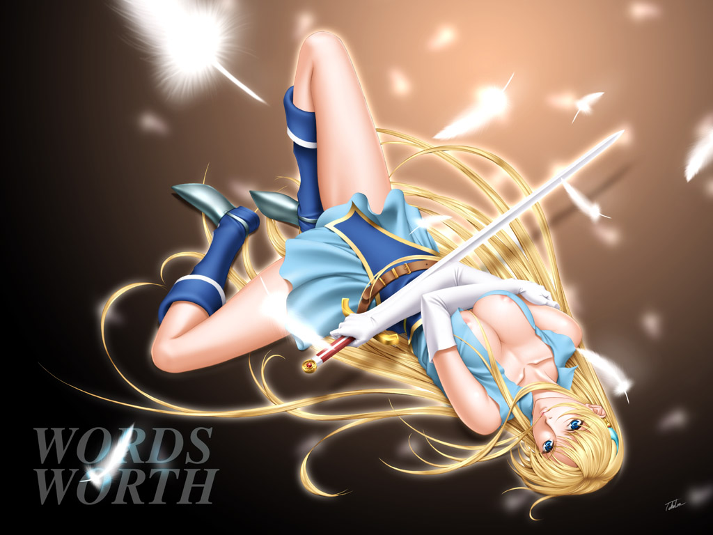 areolae blonde_hair blue_eyes crescent crescent_hair_ornament elbow_gloves feathers gloves hair_ornament long_hair lying on_back sharon_(words_worth) solo sword takatan very_long_hair weapon words_worth
