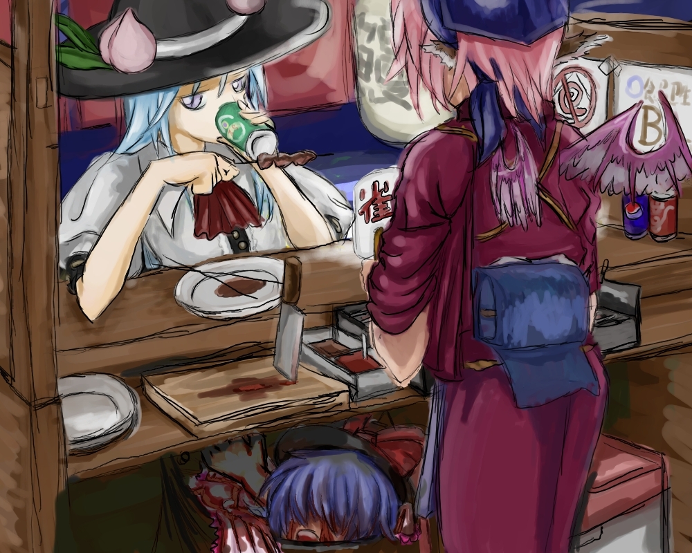 animal_ears bad_id bad_pixiv_id blue_hair food food_stand fruit guro hat head_scarf hinanawi_tenshi japanese_clothes knife long_hair multiple_girls mystia_lorelei nagae_iku noren okamisty peach pink_hair short_hair tasuki touhou vestman when_you_see_it wings yatai