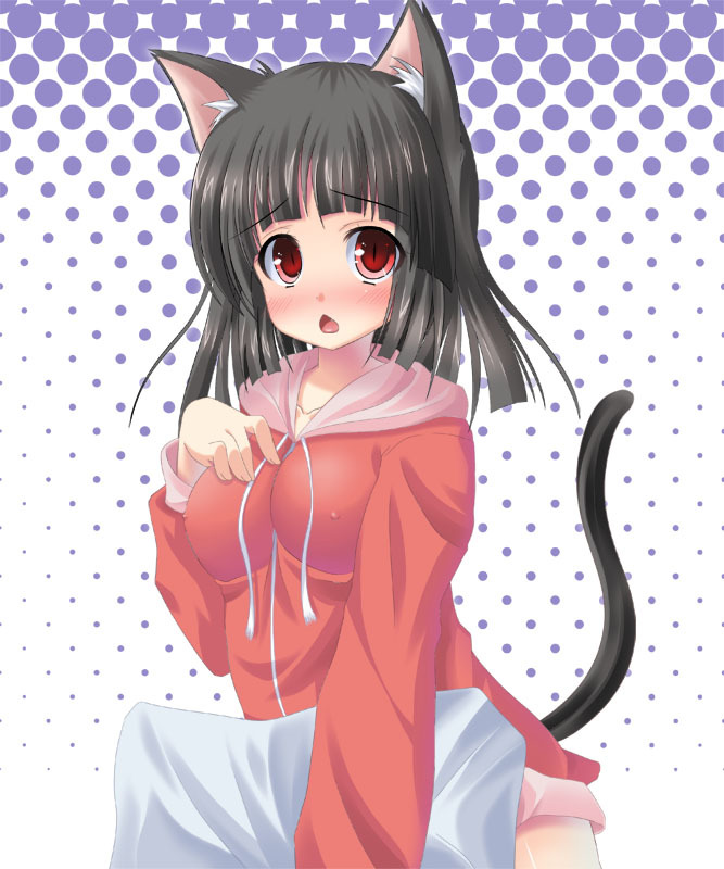 animal_ears asa_no_ha black_hair blush bottomless breasts cat_ears covered_nipples halftone halftone_background hood hood_down hoodie large_breasts no_pants original pillow red_eyes short_hair slit_pupils solo tail