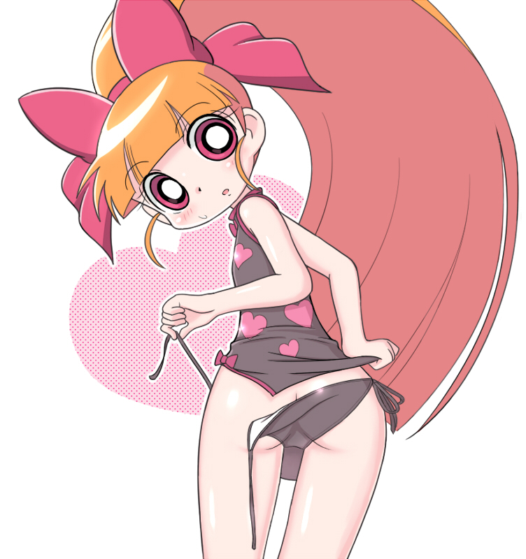 ? akazutsumi_momoko bow cckk dressing long_hair looking_back orange_hair panties pink_bow powerpuff_girls_z red_eyes side-tie_panties solo underwear untied untying