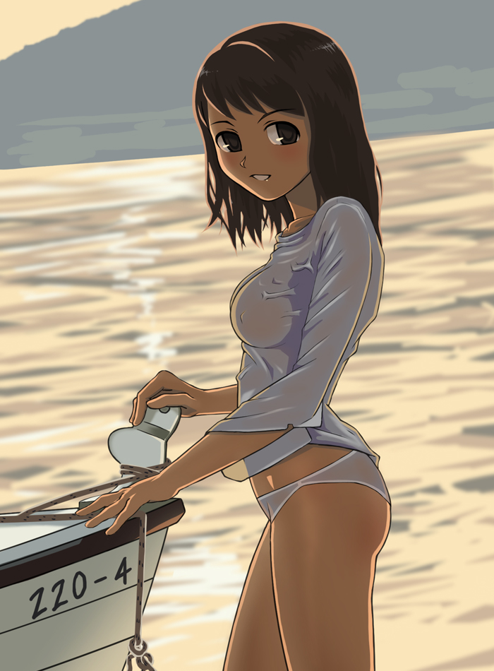 argon backlighting bad_id bad_pixiv_id black_hair boat hairband looking_at_viewer mountain original panties see-through smile solo underwear water watercraft wet wet_clothes