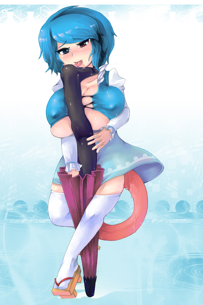 bad_id bad_pixiv_id blue_eyes blue_hair blush breasts geta heterochromia highres huge_breasts karakasa_obake kleinz masturbation purple_umbrella red_eyes short_hair solo tatara_kogasa thighhighs tongue touhou umbrella white_legwear