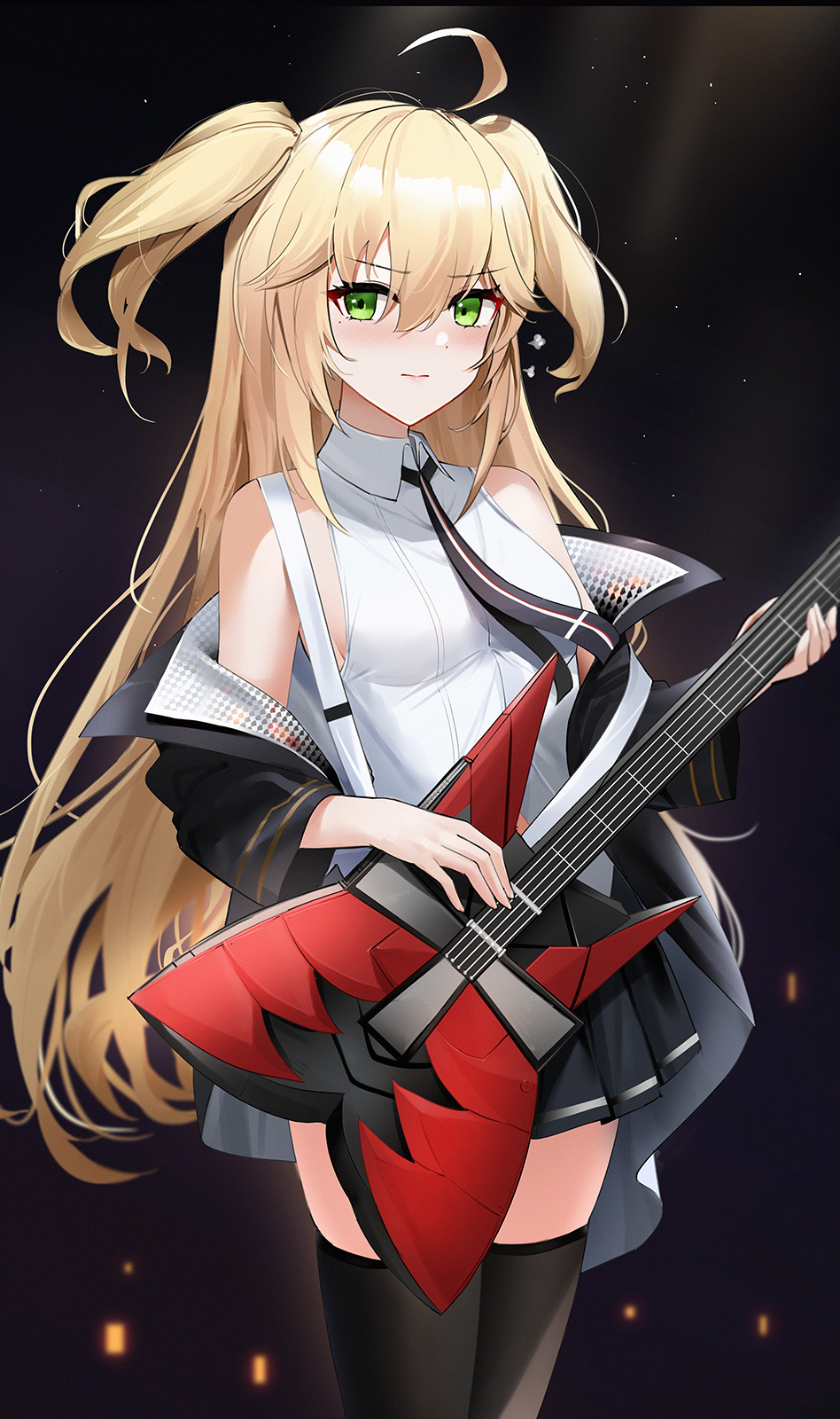 1girl admiral_hipper_(azur_lane) admiral_hipper_(muse)_(azur_lane) ahoge azur_lane bangs bare_shoulders black_background black_jacket black_necktie black_skirt black_thighhighs blonde_hair breasts chinese_commentary closed_mouth collared_shirt commentary_request cowboy_shot electric_guitar green_eyes guitar hair_between_eyes highres holding holding_instrument instrument jacket long_hair long_sleeves looking_at_viewer medium_breasts mole mole_under_eye necktie off_shoulder official_alternate_costume open_clothes open_jacket qing_wu shirt sidelocks skirt sleeveless sleeveless_shirt solo thighhighs two_side_up white_shirt zettai_ryouiki