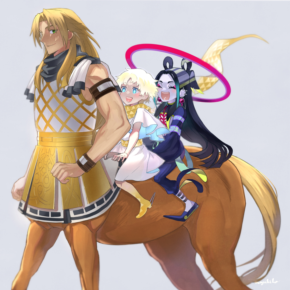3boys :d ^_^ aqua_eyes arm_strap armor black_hair blonde_hair blue_eyes blue_footwear blue_pants blue_shirt boots bright_pupils centaur chinese_clothes chiron_(fate) closed_eyes curtained_hair ear_piercing earrings eyeshadow fate/grand_order fate_(series) feet_out_of_frame flats gradient_hair green_eyes grey_background hair_rings halo horseback_riding jewelry long_hair long_sleeves looking_at_another low-tied_long_hair makeup male_child male_focus mayuhiko3310 multicolored_hair multiple_boys pants parted_lips piercing puffy_long_sleeves puffy_sleeves red_eyeshadow riding scarf shirt short_hair short_sleeves simple_background smile taisui_xingjun_(fate) taur teeth two_side_up voyager_(fate) white_pupils white_tunic yellow_footwear yellow_scarf
