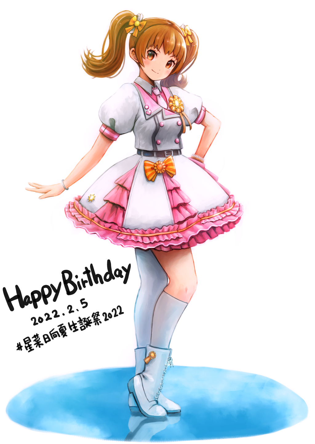 1girl 2022 asymmetrical_legwear birthday blush boots brown_eyes brown_hair character_request commentary_request copyright_request dated eyelashes hair_ornament happy happy_birthday highres kneehighs looking_at_viewer medium_hair necktie puffy_short_sleeves puffy_sleeves shirono short_sleeves skirt smile socks solo standing thighhighs translation_request twintails white_footwear white_skirt