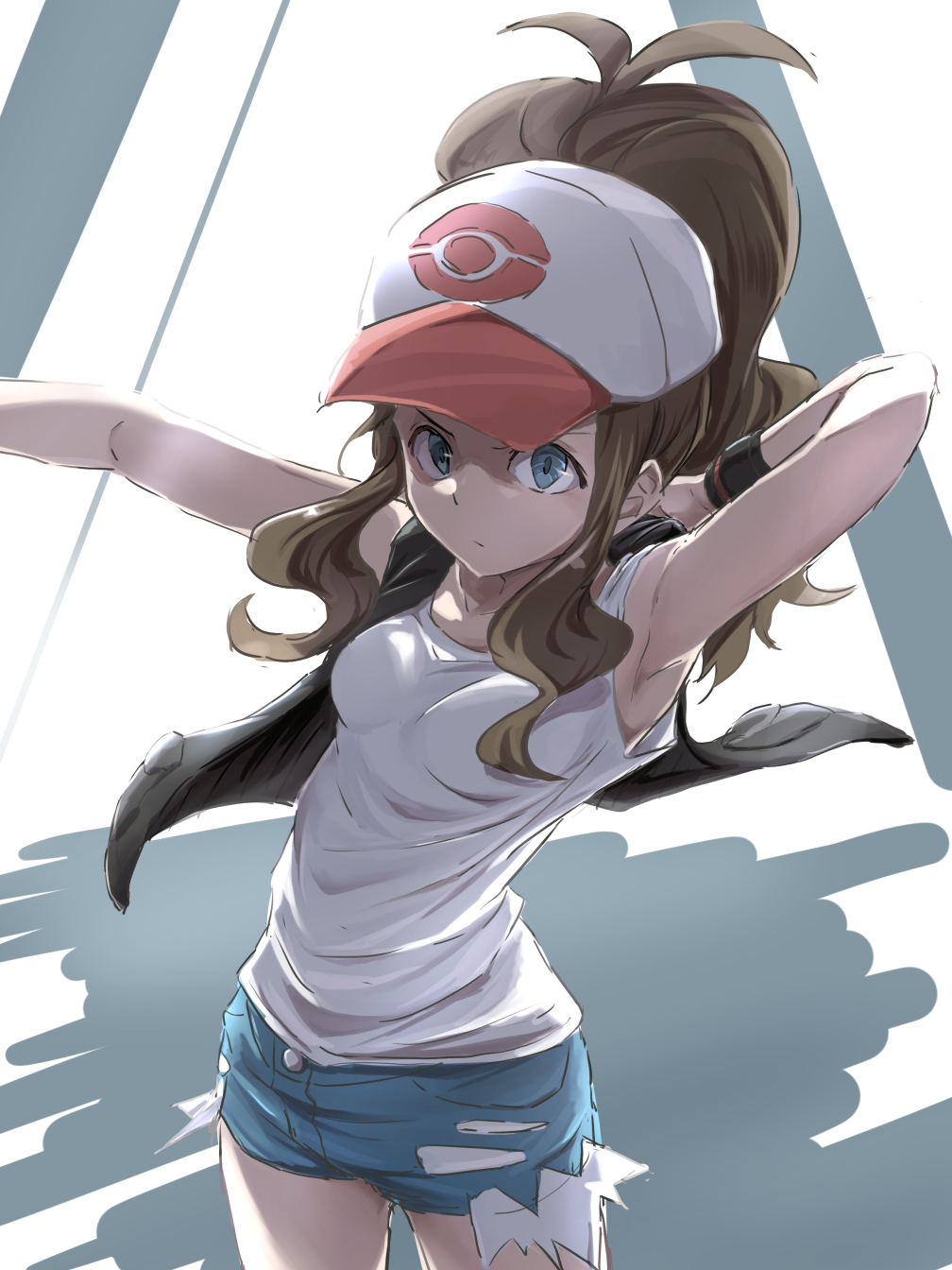 1girl angry arms_up bare_arms bare_shoulders baseball_cap black_vest blue_eyes brown_hair closed_mouth curly_hair cutoffs denim denim_shorts exposed_pocket hat high_ponytail highres hilda_(pokemon) itsudzumi long_hair looking_at_viewer pokemon pokemon_(game) pokemon_bw shirt short_shorts shorts sidelocks simple_background sleeveless sleeveless_shirt solo tank_top vest white_shirt wristband