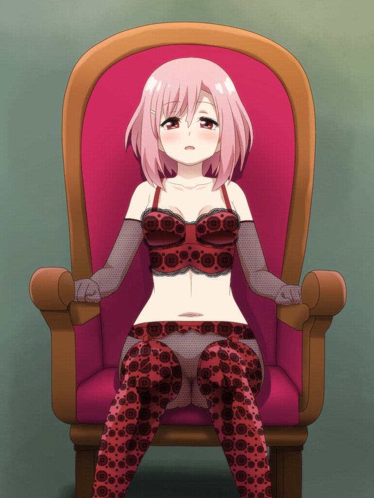 1girl awa blush breasts chair elbow_gloves feet_out_of_frame fishnet_pantyhose fishnets gloves hair_ornament koharu_yoshino looking_at_viewer navel open_mouth pantyhose pink_eyes pink_hair sakura_quest short_hair simple_background sitting solo thighhighs