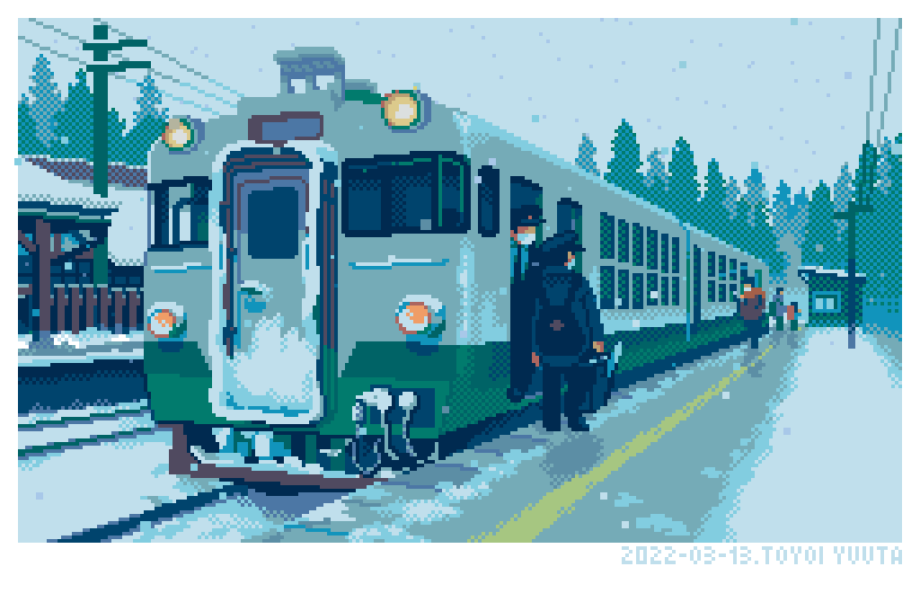 2boys 3others ambiguous_gender animated animated_gif artist_name backpack bag dated ground_vehicle hat mask mouth_mask multiple_boys multiple_others original pixel_art power_lines railroad_tracks snow snowing toyoi_yuuta train