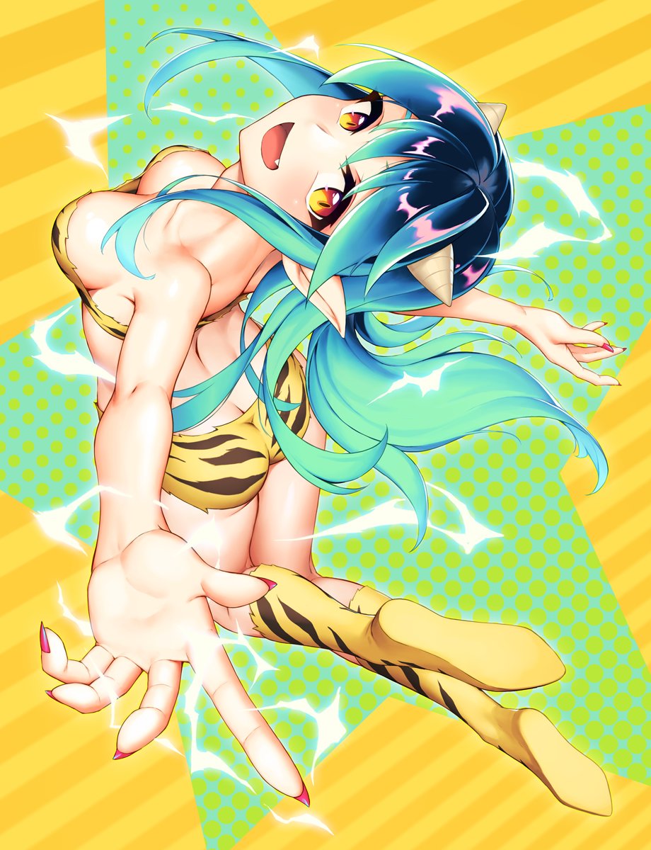 1girl animal_print ass bikini boots breasts cleavage commentary_request from_behind full_body green_hair highres horns long_hair looking_at_viewer lum medium_breasts oni oni_horns open_mouth pointy_ears rotix smile solo strapless swimsuit tiger_print urusei_yatsura