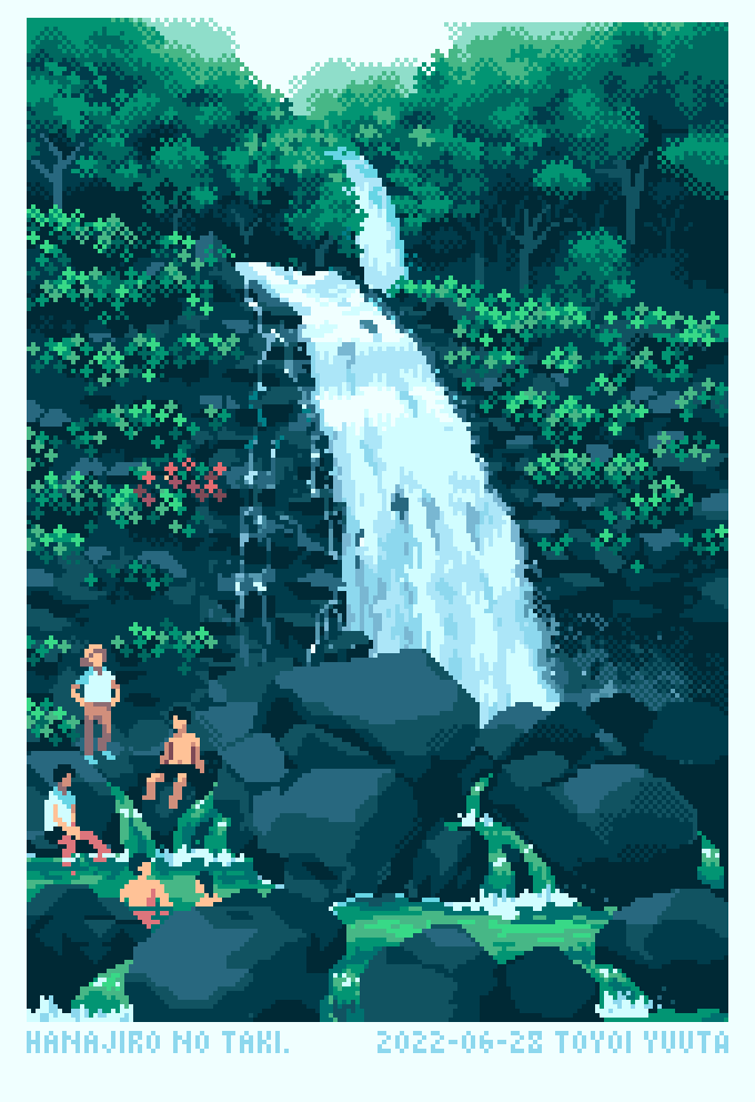 5boys animated animated_gif artist_name dated day faceless faceless_male multiple_boys original outdoors pixel_art rock scenery toyoi_yuuta tree water waterfall