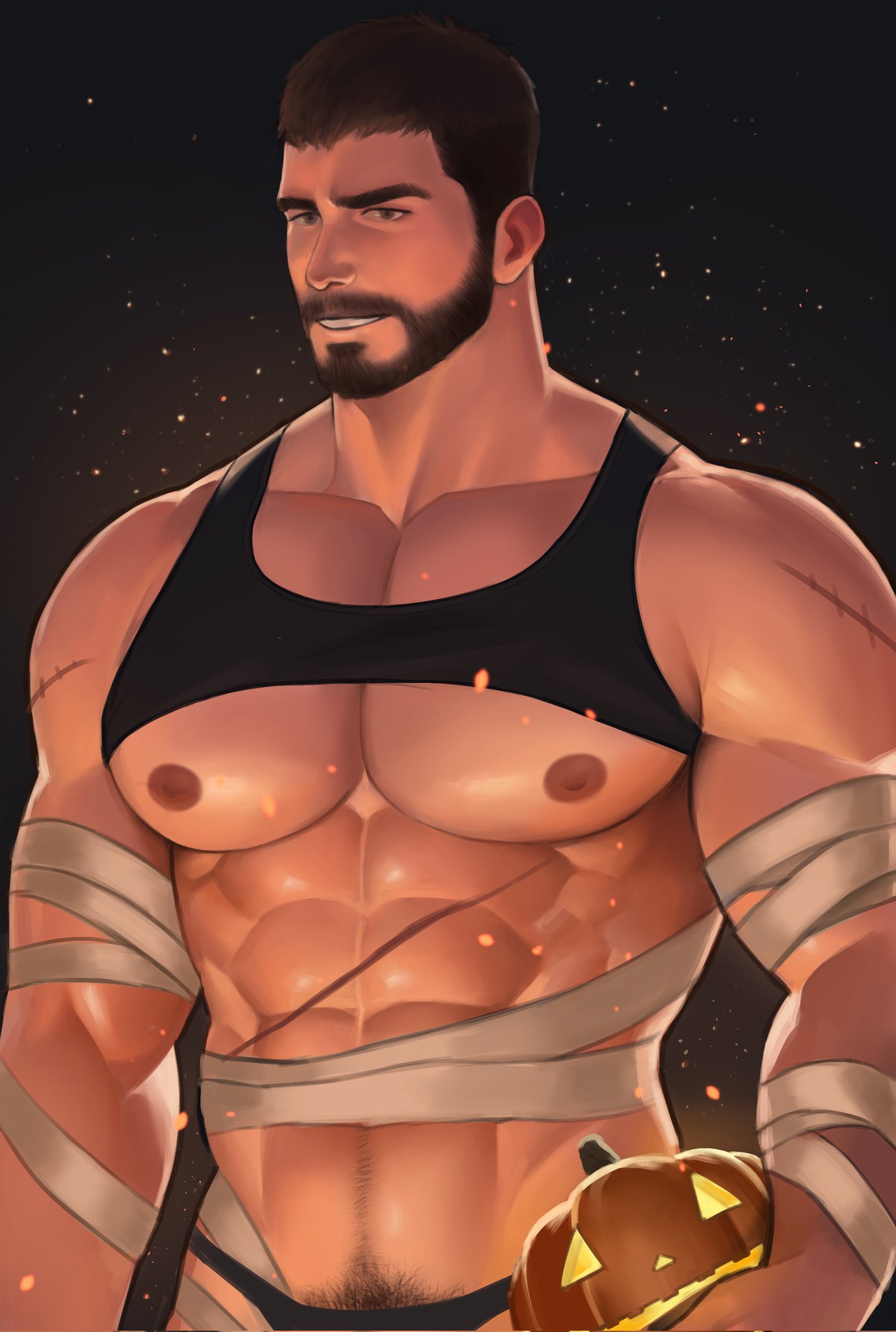 1boy abs bandages bara bare_pectorals black_hair black_tank_top chris_redfield clothes_lift facial_hair gr_goden halloween_costume highres holding jack-o'-lantern large_pectorals male_focus mummy_costume muscular muscular_male navel nipples pectorals resident_evil short_hair solo tank_top