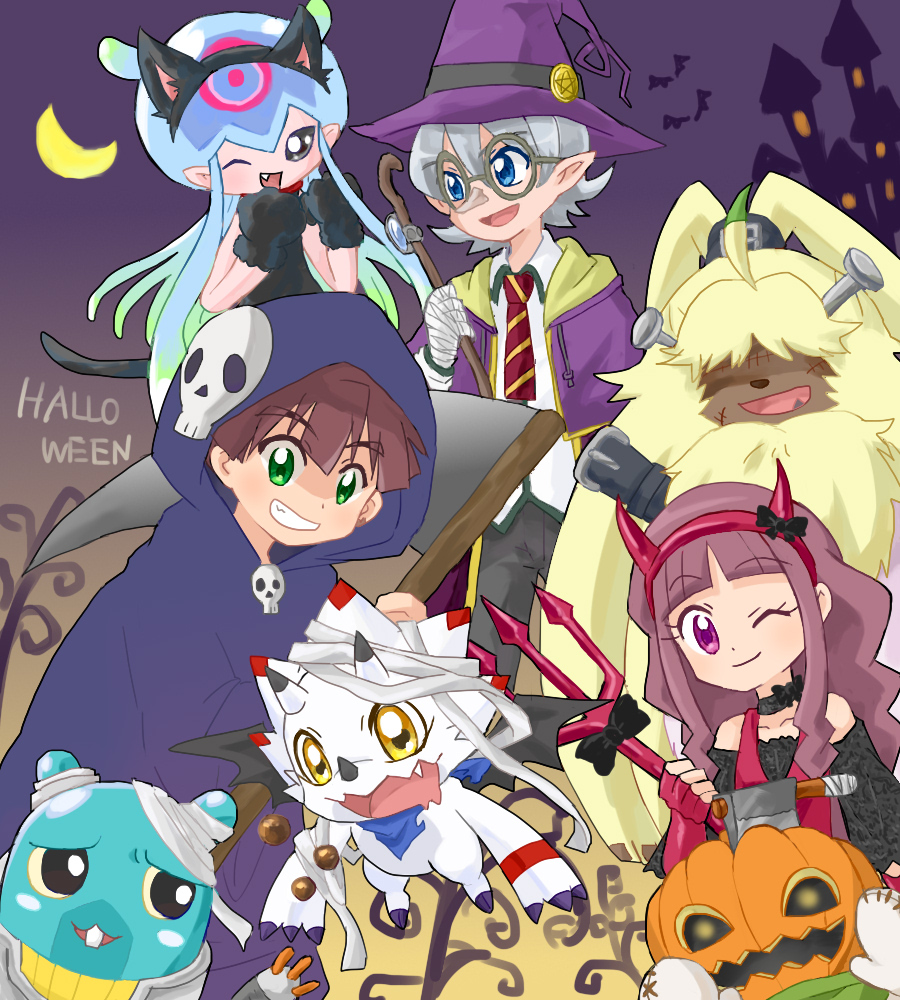 angoramon angoramon_(ghost_game) anthro bandai_namco digimon digimon_(species) digimon_ghost_game espimon female fur gammamon gammamon_(ghost_game) group hair hair_over_eyes halloween hamu_ym hiro_amanokawa holidays human humanoid jack-o'-lantern jellymon jellymon_(ghost_game) kiyoshiro_higashimitarai male mammal mummy_costume mummy_wrappings one_eye_closed pumpkinmon ruri_tsukiyono wink yellow_body yellow_fur