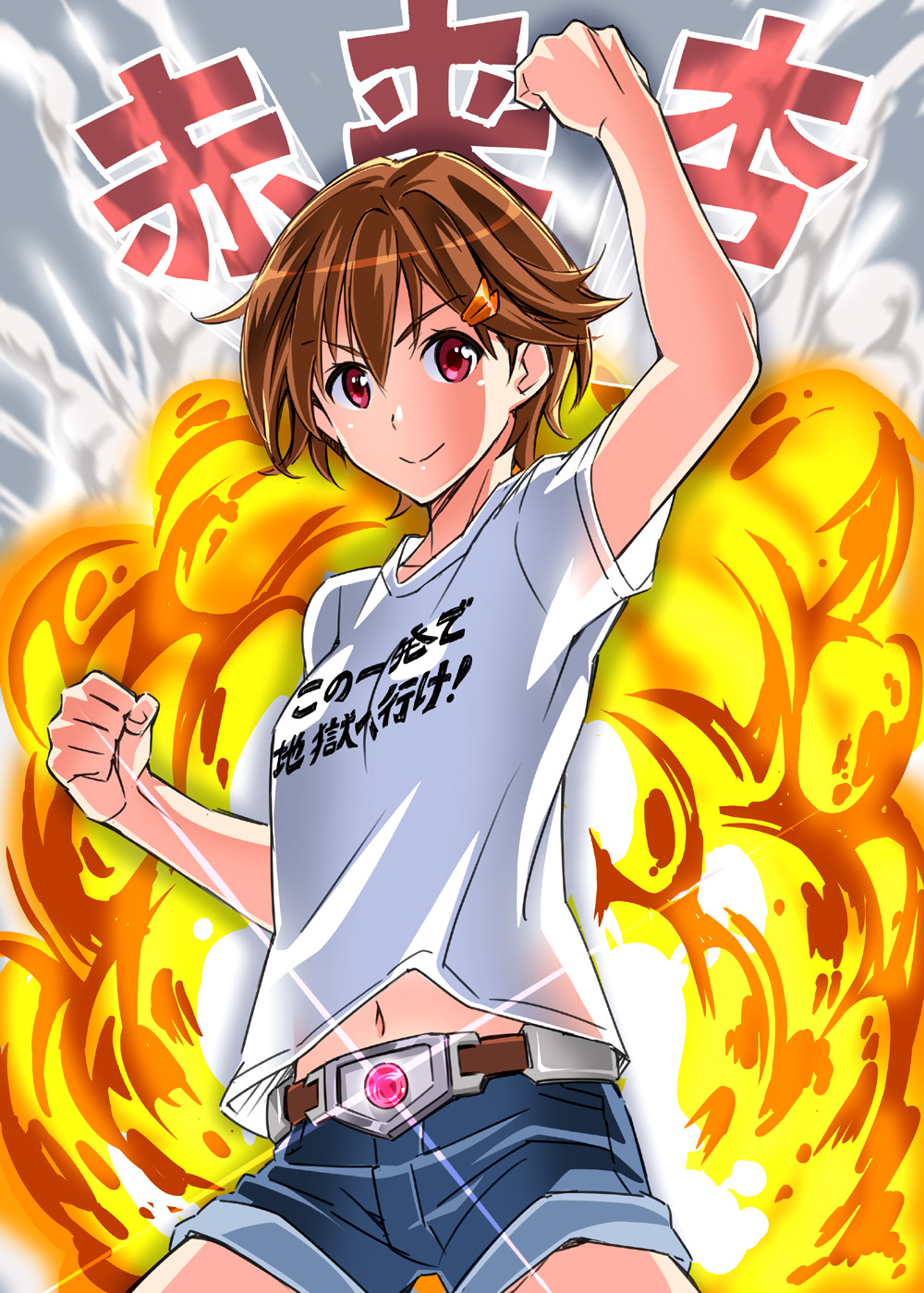 1girl action_heroine_cheer_fruits akagi_an arms_up belt belt_buckle breasts brown_hair buckle clenched_hand denim denim_shorts explosion glint hair_ornament hairclip highres navel red_eyes shirt short_hair short_shorts short_sleeves shorts small_breasts smile solo standing suzutsuki_kurara t-shirt white_shirt