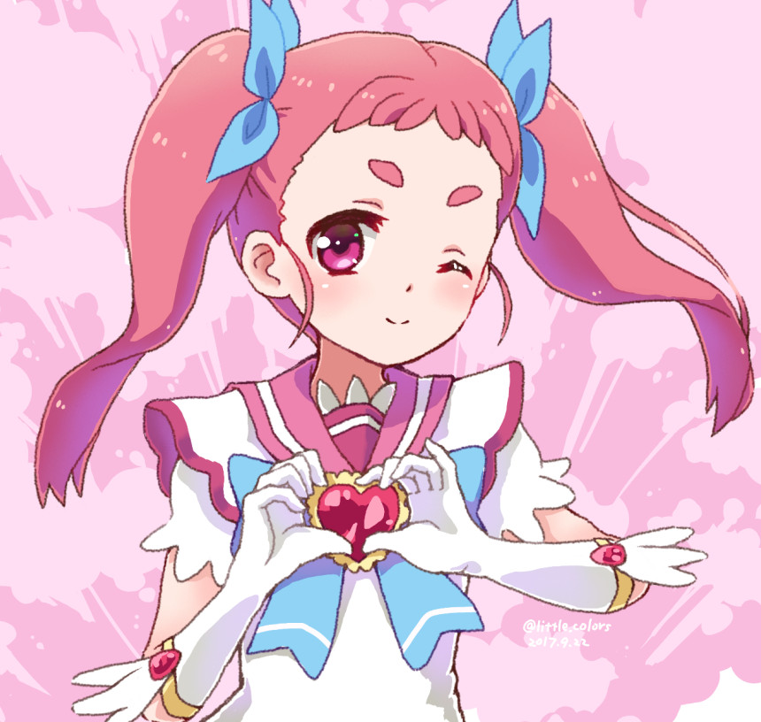 1girl action_heroine_cheer_fruits artist_name blue_bow bow brown_hair dated elbow_gloves gloves heart heart_hands little_colors momoi_hatsuri one_eye_closed pink_background pink_eyes shirt short_sleeves solo twintails upper_body white_shirt