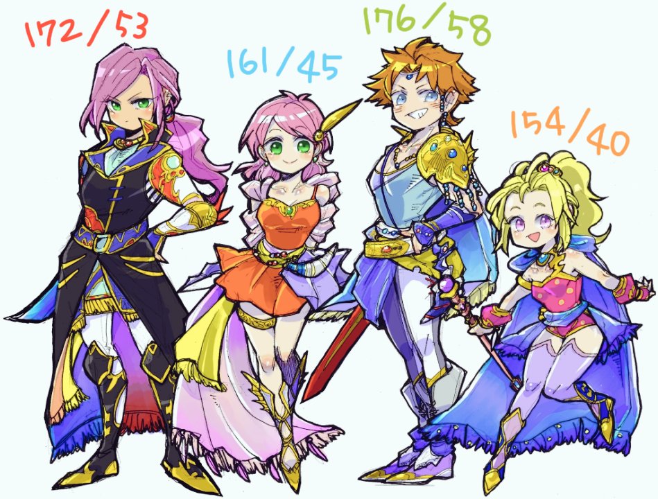 1boy 3girls bangs blonde_hair boots brown_hair butz_klauser cape faris_scherwiz final_fantasy final_fantasy_v green_eyes high_ponytail krile_mayer_baldesion lenna_charlotte_tycoon long_hair low_ponytail multiple_girls parted_bangs pink_hair protected_link purple_hair saito_piyoko tank_top uniform