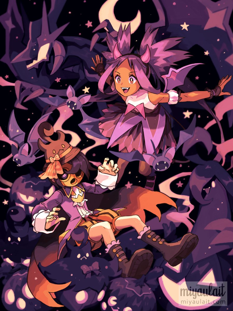 1boy 1girl :d allister_(fall_2022)_(pokemon) allister_(pokemon) armlet boots brown_footwear brown_headwear commentary crescent_moon dark-skinned_female dark_skin dress eyelashes gourgeist hair_rings hairband hands_up hat highres horns iris_(fall_2022)_(pokemon) iris_(pokemon) mask miyaulait moon naganadel official_alternate_costume open_mouth orange_shorts pokemon pokemon_(creature) pokemon_(game) pokemon_masters_ex pumpkaboo short_hair shorts smile star_(symbol) teeth tongue upper_teeth wrist_cuffs zubat