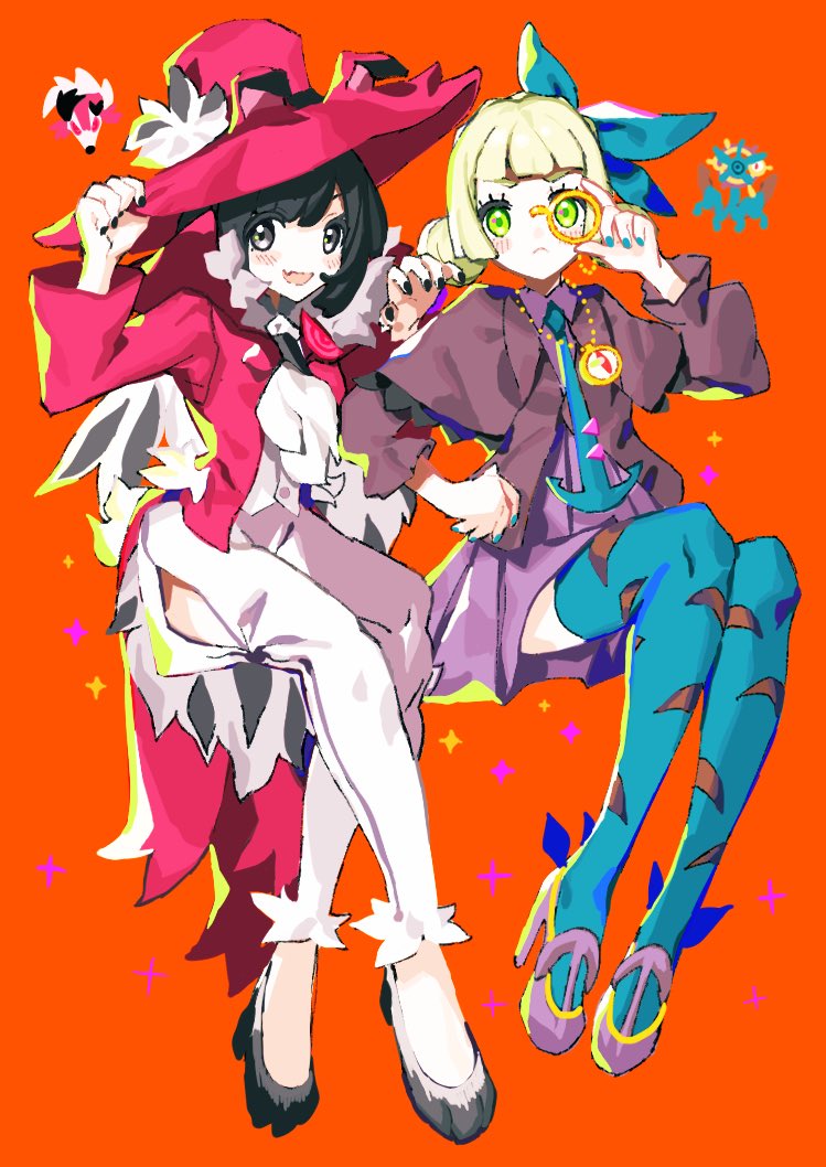 2girls alternate_costume ankea_(a-ramo-do) bangs black_hair black_nails blonde_hair blush closed_mouth commentary eyelashes green_eyes grey_eyes hands_up hat high_heels invisible_chair lillie_(pokemon) looking_at_viewer monocle multiple_girls nail_polish open_mouth orange_background pants pokemon pokemon_(game) pokemon_sm purple_footwear selene_(pokemon) shoes short_hair sitting smile symbol-only_commentary thighhighs white_pants