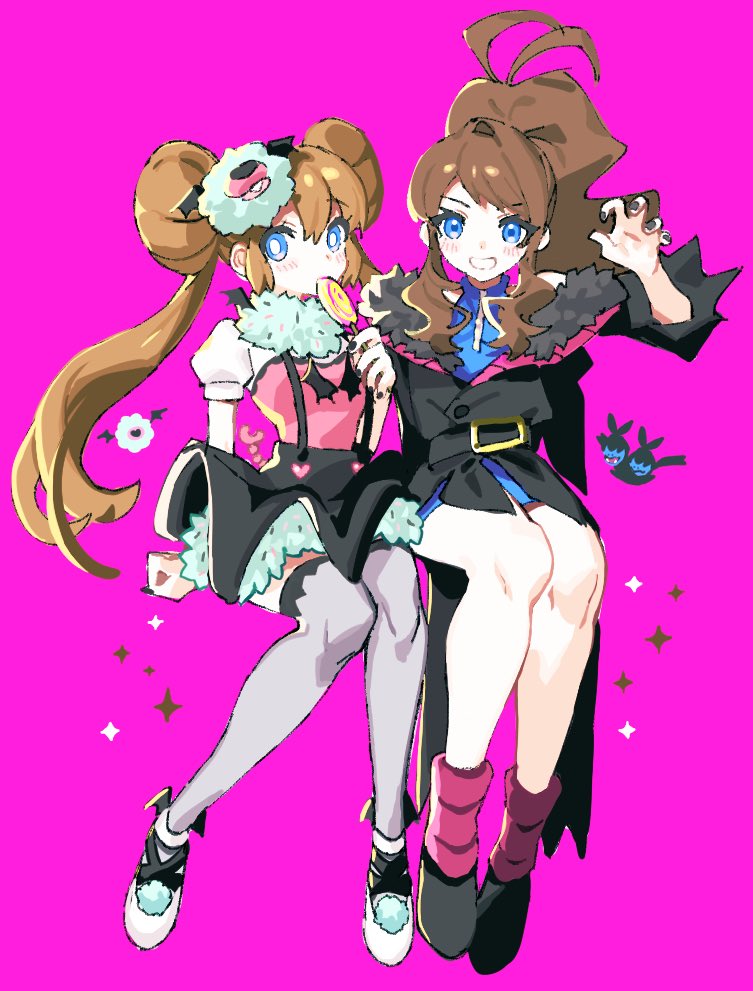 2girls alternate_costume ankea_(a-ramo-do) bangs black_nails black_skirt blue_eyes blush boots bright_pupils brown_hair candy commentary double_bun doughnut_hair_bun food grey_thighhighs hair_bun hand_up high_ponytail hilda_(pokemon) holding invisible_chair knees lollipop long_hair looking_at_viewer multiple_girls nail_polish pink_background pokemon pokemon_(game) pokemon_bw pokemon_bw2 rosa_(pokemon) shoes short_sleeves sidelocks simple_background sitting skirt symbol-only_commentary thighhighs twintails white_pupils