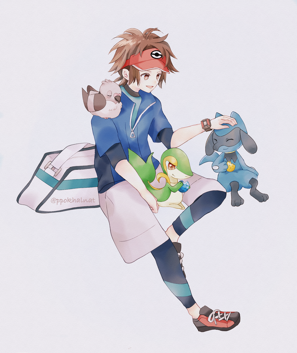 1boy bag_removed berry_(pokemon) blue_jacket bodysuit bodysuit_under_clothes brown_eyes brown_hair commentary_request haru_natsu_(ppokhalnat) headpat invisible_chair jacket leg_up male_focus nate_(pokemon) on_shoulder open_mouth pants pidove poke_ball_print pokemon pokemon_(creature) pokemon_(game) pokemon_bw2 pokemon_on_shoulder red_headwear riolu shoes short_hair sitting smile sneakers snivy visor_cap zipper_pull_tab