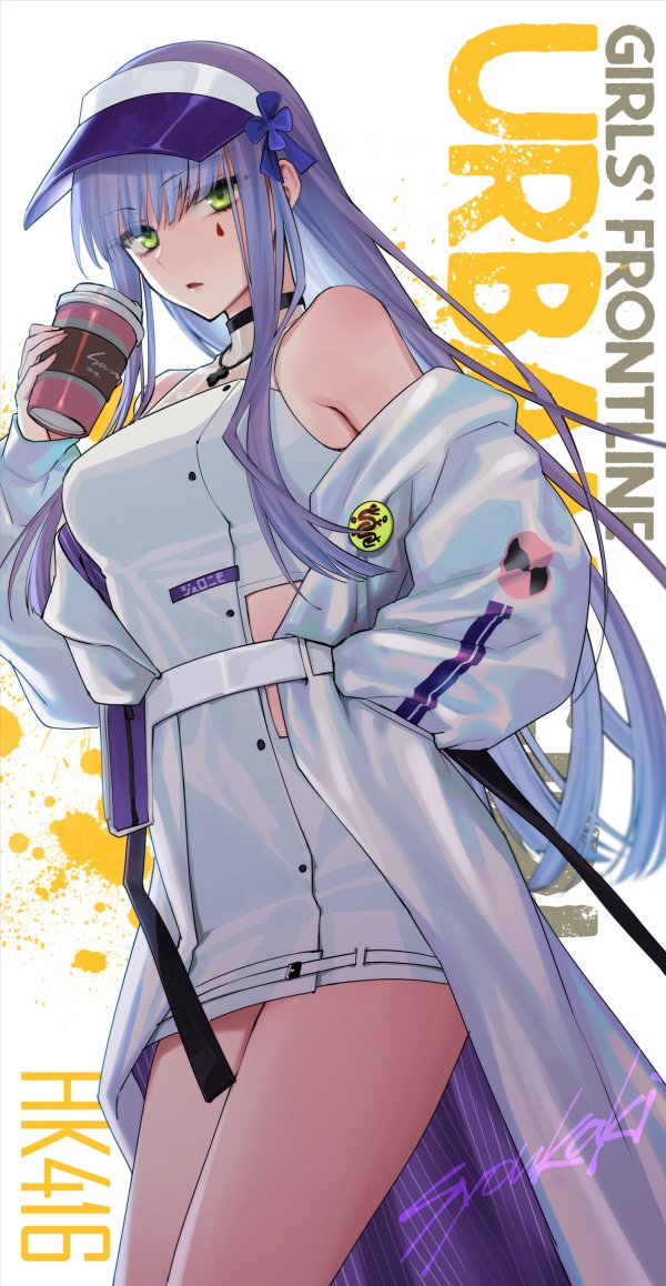 1girl badge bangs bare_shoulders belt blunt_bangs button_badge coffee_cup cowboy_shot cup disposable_cup dress facial_mark girls'_frontline green_eyes hand_in_pocket hk416_(girls'_frontline) holding holding_cup jacket jewelry long_hair necklace off_shoulder official_alternate_costume open_clothes open_jacket shoukaki_(earthean) sleeveless sleeveless_dress teardrop teardrop_tattoo visor_cap white_dress white_hair