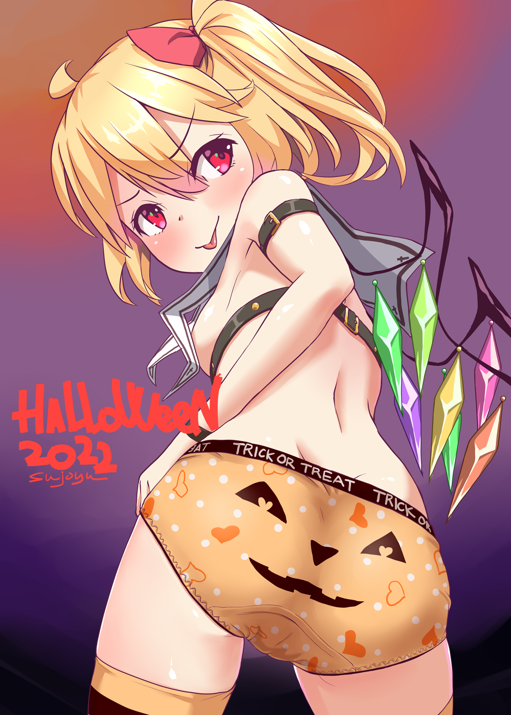 1girl 2022 ahoge ass blonde_hair bow crystal flandre_scarlet hair_bow halloween highres jack-o'-lantern_print panties red_eyes side_ponytail simple_background solo sushoyushi thighhighs tongue tongue_out touhou underwear wings