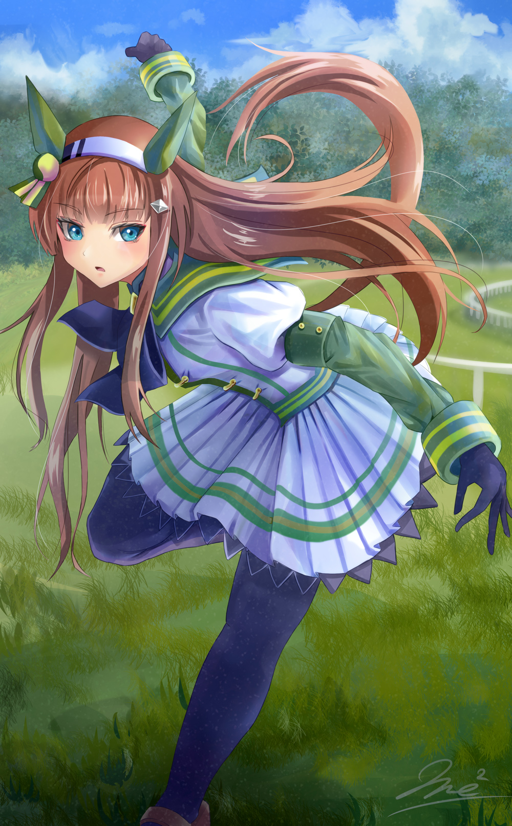 1girl animal_ears arm_up black_bow black_gloves black_pantyhose blue_eyes blue_sky bow brown_hair cloud cloudy_sky commentary_request day feet_out_of_frame floating_hair gloves grass hairband highres horse_ears horse_girl horse_tail jacket layered_sleeves long_hair long_sleeves outdoors pantyhose parted_lips pleated_skirt puffy_short_sleeves puffy_sleeves short_over_long_sleeves short_sleeves signature silence_suzuka_(umamusume) skirt sky solo standing standing_on_one_leg tail umamusume very_long_hair white_hairband white_jacket white_skirt yumibakama_meme