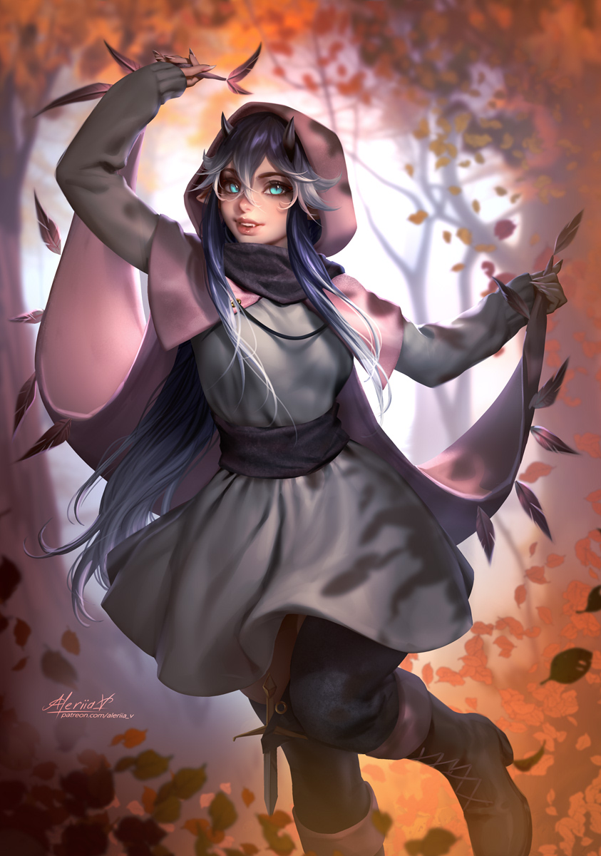 1girl aleriia_v autumn_leaves black_hair blue_eyes cosplay fangs fingernails forest grimm's_fairy_tales hair_between_eyes highres kiseira_icolde_(end_agony) lips little_red_riding_hood little_red_riding_hood_(grimm) little_red_riding_hood_(grimm)_(cosplay) long_hair looking_at_viewer multicolored_hair nature original outdoors pointy_ears sharp_fingernails solo two-tone_hair