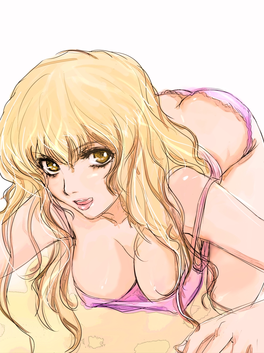 agahat bad_perspective blonde_hair breasts brown_eyes camisole cleavage downblouse frilled_panties frills highres large_breasts licking_lips lingerie long_hair macross macross_frontier panties pink_panties sheryl_nome solo tongue tongue_out underwear