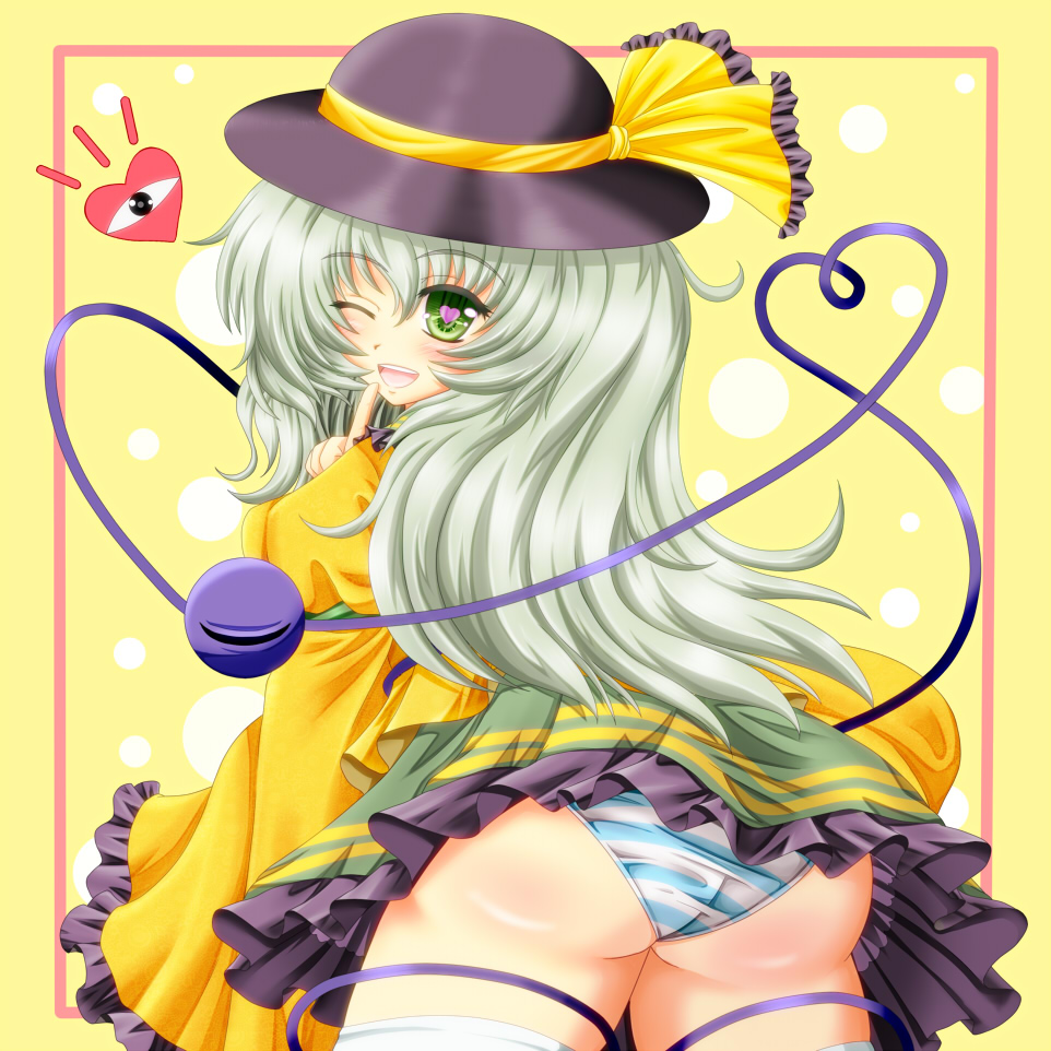 alternate_hairstyle archienemy ass bad_id bad_pixiv_id from_behind green_eyes green_hair komeiji_koishi long_hair looking_back older one_eye_closed panties solo striped striped_panties touhou underwear