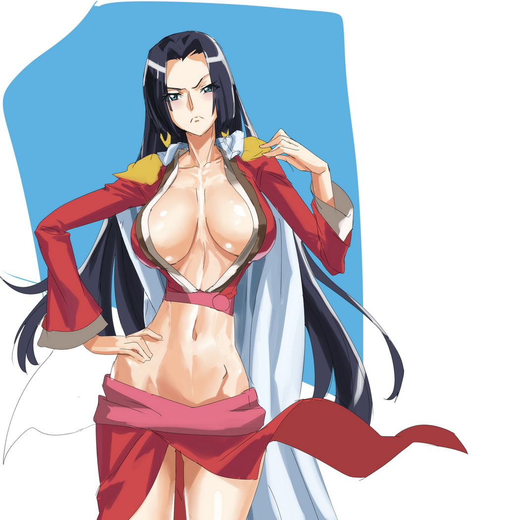 black_hair blue_eyes blush boa_hancock breasts cleavage earrings huge_breasts jewelry long_hair makacoon midriff narrow_waist one_piece revealing_clothes skirt solo