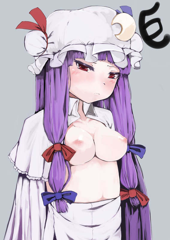 :&lt; bad_id bad_pixiv_id blush breasts colored_eyelashes eyelashes hair_ribbon hat jpeg_artifacts large_breasts long_hair mmm nipples open_clothes open_shirt patchouli_knowledge purple_hair red_eyes ribbon shirt solo touhou very_long_hair