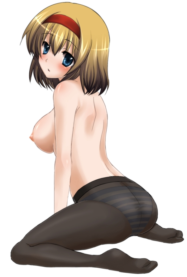 alice_margatroid ass back bad_id bad_pixiv_id blonde_hair blue_eyes breasts crotch_seam feet gradient_hair hairband head_tilt large_breasts multicolored_hair nipples panties panties_under_pantyhose pantyhose puffy_nipples see-through short_hair sitting solo striped striped_panties topless tottoto_tomekichi touhou underwear underwear_only wariza