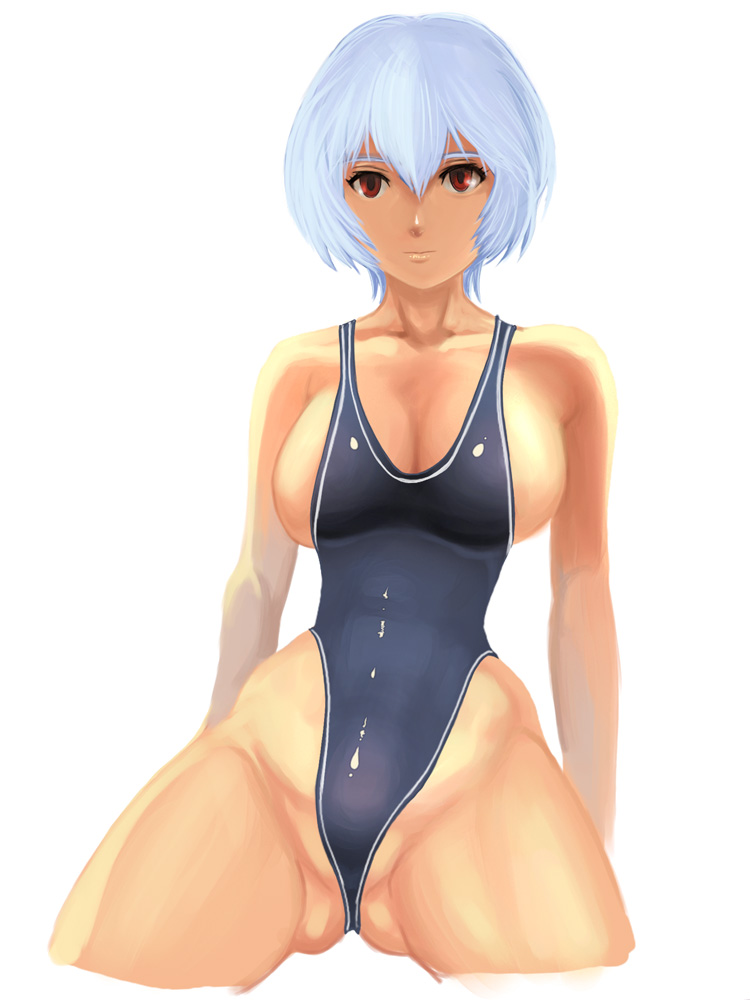 ayanami_rei breasts bursting_breasts fat_mons hayakawa_sonchou highleg highleg_swimsuit large_breasts neon_genesis_evangelion one-piece_swimsuit partially_visible_vulva red_eyes short_hair solo swimsuit