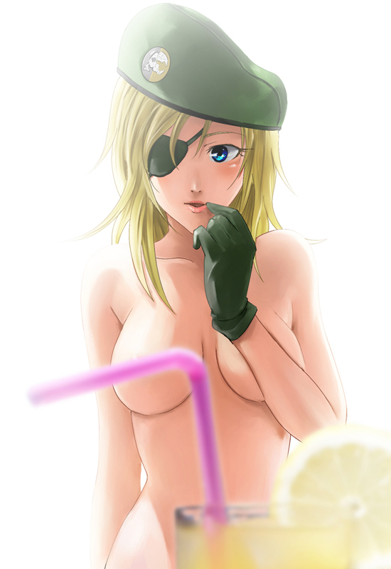 bad_id bad_pixiv_id beret blonde_hair blue_eyes blush breasts censored convenient_censoring drink drinking_straw eva_(mgs) eyepatch finger_to_mouth food fruit gloves hat ikuyoan lemon lips looking_away medium_breasts metal_gear_(series) metal_gear_solid_peace_walker navel nude simple_background solo